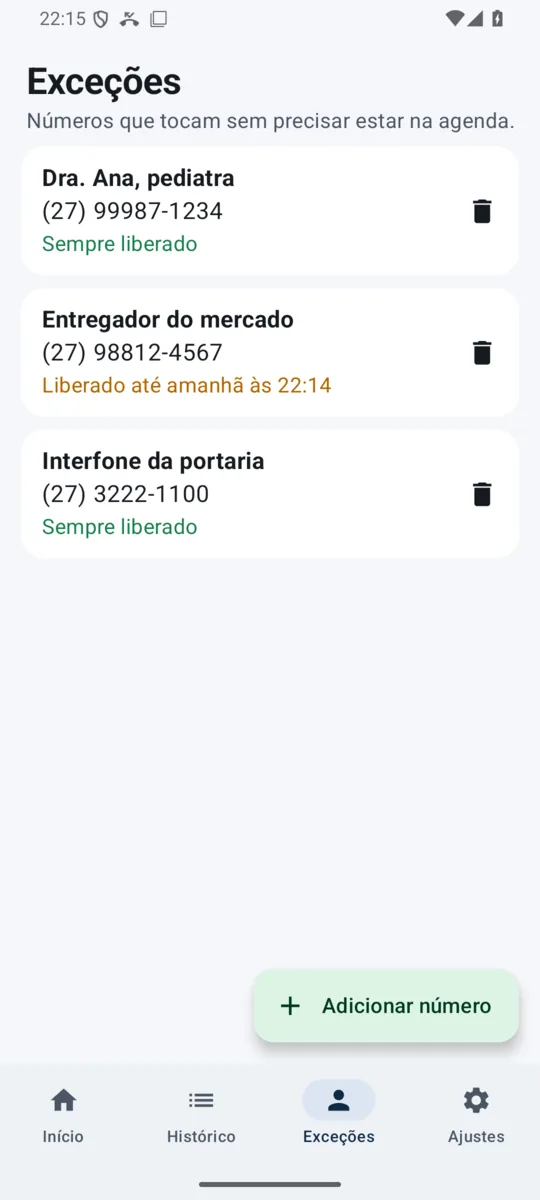 Lista de exceções do ZeroSpam com nomes e números liberados