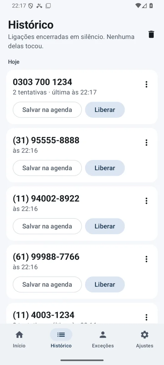 Histórico do ZeroSpam listando ligações bloqueadas