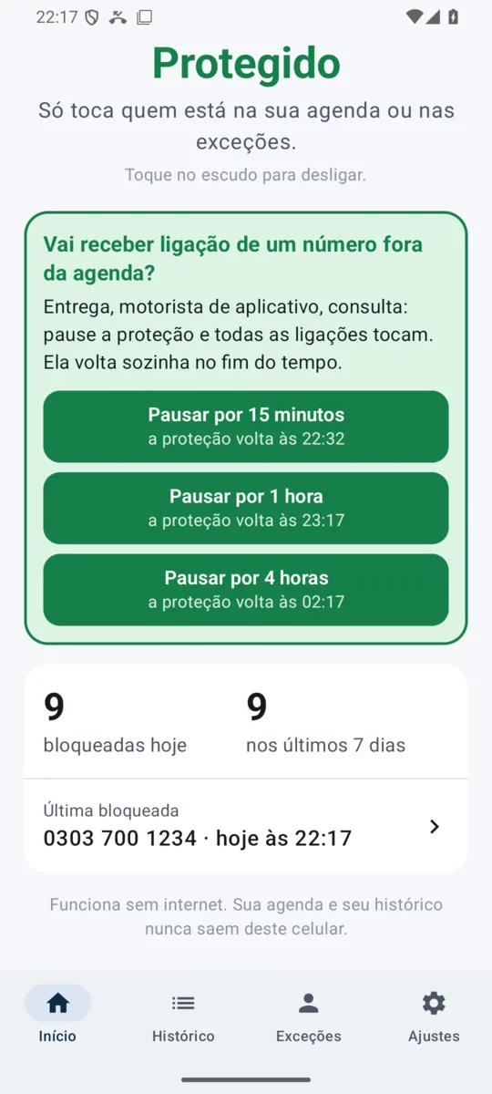 Card verde com os botões Pausar por 15 minutos, 1 hora e 4 horas