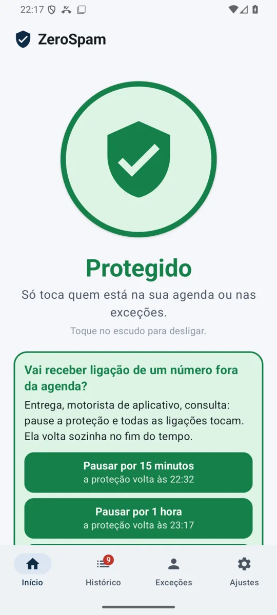 Tela inicial do ZeroSpam com o escudo verde e a palavra Protegido
