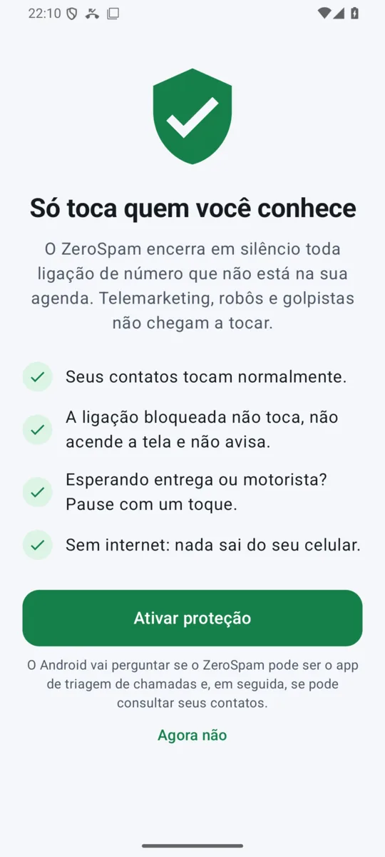 Tela de apresentação do ZeroSpam com o botão Ativar proteção