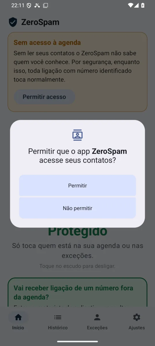 Pergunta do Android: permitir que o app ZeroSpam acesse seus contatos